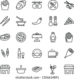 thin line vector icon set - plates and spoons vector, plastic fork, coffee, fried vegetables on sticks, pizza, piece of, big burger, grill chicken leg, bacon, chop, barbecue, French fries, sushi