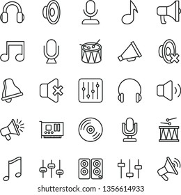 thin line vector icon set - bell vector, desktop microphone, horn, loudspeaker, silent mode, drumroll, drum, headphones, music, CD, regulator, volume, no sound, megaphone, pc card, speaker, note