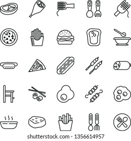 thin line vector icon set - plates and spoons vector, a chair for feeding, plastic fork, iron, sausage, pizza, piece of, Hot Dog, mini, burger, spaghetti, noodles, porridge, grill chicken leg, bacon