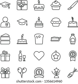 thin line vector icon set - tassel vector, colored air balloons, cake, heart, gift, square academic hat, Easter, muffin, piece of, slice, torte, birthday, bottle, giftbox, star cup, man with medal