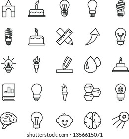 thin line vector icon set - matte light bulb vector, children's hairdo, box of bricks, cake, birthday, saving, writing accessories, drawing, honeycombs, drop, energy, book on statistics, brain, idea