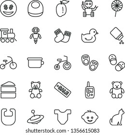 thin line vector icon set - baby powder vector, bib, Child T shirt, duckling, warm socks, toy mobile phone, children's potty, teddy bear, small, hairdo, train, yule, bicycle, tricycle, piece of cake