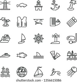 thin line vector icon set - anchor vector, small fish, sea port, commercial seaport, lighthouse, coastal, planet, sand castle, sail boat, hotel, beach, palm tree, flippers, diving mask, surfing
