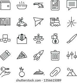 thin line vector icon set - tassel vector, image of thought, clip, purse, scales, children's train, dust bin, book, piece pizza, hot porridge, beet, environmentally friendly transport, rocket, mail