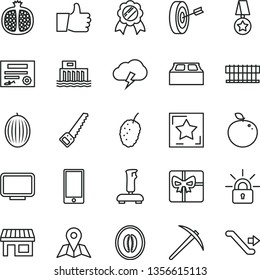 thin line vector icon set - arm saw vector, building block, thumb up, map, storm cloud, smartphone, half pomegranate, tasty mulberry, melon, delicious apple, hydroelectric station, stall, giftbox