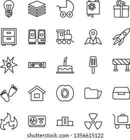 thin line vector icon set - bedside table vector, baby stroller, toy train, children's tracks, cake, dwelling, building level, traffic signal, map, pile, drawer, gift, popsicle, half apricot, bulb