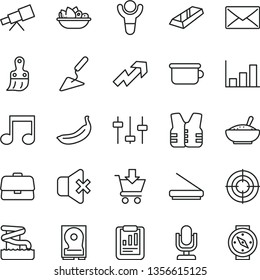 thin line vector icon set - desktop microphone vector, growth up, children's potty, building trowel, plastic brush, no sound, put in cart, a bowl of rice porridge, plate fruit, banana, briefcase