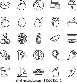 thin line vector icon set - drill vector, color samples, shower, saving light bulb, calculation, lock, CD, drop, screen, apple pie, a bowl of buckwheat porridge, grill chicken leg, piece meat, peach
