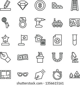 thin line vector icon set - brick wall vector, drill, stepladder, lay out of flat, drawing, estimate, test tube, microscope, glasses, oscilloscope, lunar rover, stopwatch, ink pen, star reward, flag