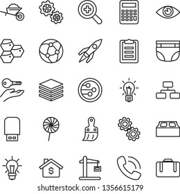 thin line vector icon set - zoom vector, nappy, garden trolley, plastic brush, building block, eye, pile, flowchart, lollipop, honeycombs, gears, Construction crane, bulb, phone call, usb flash