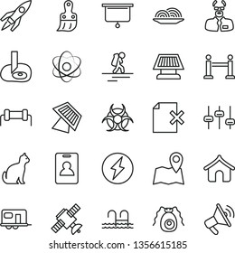 thin line vector icon set - plastic brush vector, delete page, onion, atom, settings, satellite, bactery, biohazard, scientist, artifical insimination, sun panel, rocket, presentation board, camper