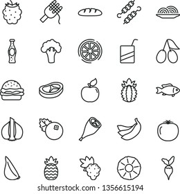 thin line vector icon set - vector e, loaf, burger, onion, spaghetti, grill chicken leg, bacon, meat on skewers, garlic, fish, bottle of soda, blueberries, grape, apricot, cornels, blackberry