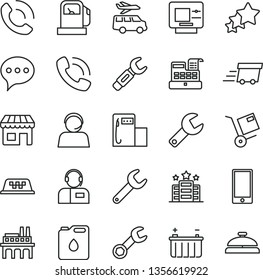 thin line vector icon set - repair key vector, speech, smartphone, phone call, operator, shipment, gas station, modern, battery, industrial enterprise, canister of oil, steel, kiosk, urgent cargo