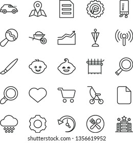thin line vector icon set - heart symbol vector, tassel, beanbag, summer stroller, cloud, children's hairdo, funny, garden trolley, star gear, electronic boiler, map, cloth industry, retro car, file