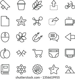 thin line vector icon set - left direction vector, add bookmark, clean sheet of paper, nappy, bucket, star gear, coffee, move up, right, apple, magnet, shopping cart, mouse, monitor, molecule, book