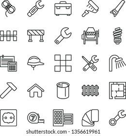 thin line vector icon set - repair key vector, house, concrete mixer, small tools, hand saw, long meashuring tape, paint roller, sample of colour, suitcase, shower, laying out, saving light bulb