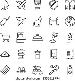 thin line vector icon set - earth vector, hang glider, backpacker, airport tower, rope barrier, baggage scanner, plane, phone registration, rolling case, tent, uv cream, palm tree, pool, tennis