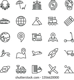 thin line vector icon set - baby toy train vector, child Kick scooter, building trolley, map, earth, planet, globe, saturn, rocket, lunar rover, mountain flag, dollar pin, plane, hotel, surfing