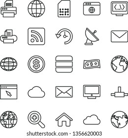 thin line vector icon set - sign of the planet vector, zoom, rss feed, house, earth, screen, SIM, globe, dollar, printer, browser, connect, coding, big data, mail, history, cloud, satellite antenna