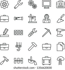 thin line vector icon set - monitor window vector, briefcase, clean paper, brickwork, winch hook, trowel, drill, portfolio, construction level, drawing, ceramic tiles, hammer, with claw, case, gear