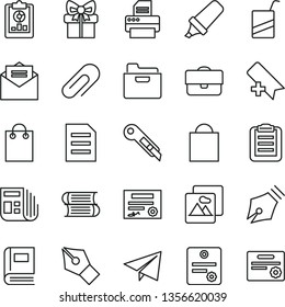 thin line vector icon set - clip vector, add bookmark, paper bag, airplane, e, books, stationery knife, received letter, picture, folder, portfolio, statistical overview, text highlighter, morning