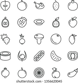 thin line vector icon set - canned goods vector, Hot Dog, mushroom, a plate of milk, chicken, beet, strawberries, orange, peach, pomegranate, grape, red apple, tasty, medlar, mulberry, mango, slice