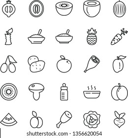 thin line vector icon set - feeding bottle vector, mushroom, a bowl of buckwheat porridge, rice, hot, chicken thigh, grill leg, apple, squash, cornels, half medlar, melon, ripe plum, kiwi, delicious