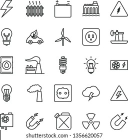thin line vector icon set - lightning vector, danger of electricity, power socket type b, f, bulb, storm cloud, oil derrick, windmill, manufacture, factory, accumulator, hydroelectricity, canister