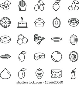 thin line vector icon set - cake vector, piece of cheese, mini hot dog, slices onion, muffin, with a hole, fried potato, sushi set, popcorn, strawberry, orange, cherry, quince, cornels, fig, melon