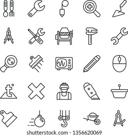 thin line vector icon set - repair key vector, graphite pencil, zoom, cross, iron fork spoons, winch hook, big core, garden trolley, building trowel, concrete mixer, small tools, plummet, spatula