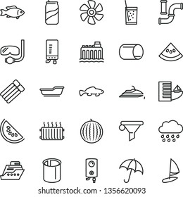 thin line vector icon set - bath vector, rainy cloud, boiler, electronic, umbrella, small fish, a glass of soda, can, water melon, slice, marine propeller, pipes, hydroelectricity, pipe, filter