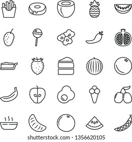 thin line vector icon set - piece of cake vector, slice, with a hole, hot porridge, Chupa Chups, French fries, popcorn, cone, fried egg, orange, half pomegranate, tasty apple, raspberry, mulberry