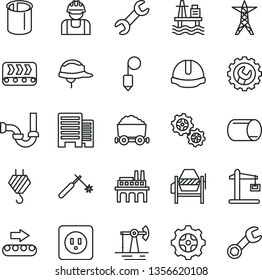 thin line vector icon set - hook vector, concrete mixer, sewerage, power socket type b, buildings, construction helmet, plummet, gear, sea port, working oil derrick, line, industrial enterprise