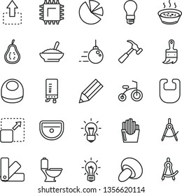 thin line vector icon set - bib vector, baby, child bicycle, big core, color samples, wooden paint brush, sink, toilet, electronic boiler, hammer with claw, expand picture, move up, porcini, smd