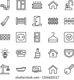 thin line vector icon set - baby cot vector, bath, house, brickwork, window, arm saw, wooden paint brush, sink, siphon, power socket type b, f, interroom door, ceramic tiles, new radiator, home, key