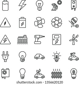 thin line vector icon set - lightning vector, danger of electricity, matte light bulb, incandescent lamp, concrete mixer, cordless drill, dangers, boiler, fan screw, charge level, charging battery