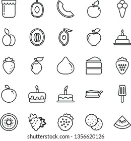 thin line vector icon set - cake vector, birthday, piece of, slice, torte, popsicle, cone, jam, strawberry, strawberries, apple, biscuit, branch grape, quince, apricot, red, raspberry, fig, melon