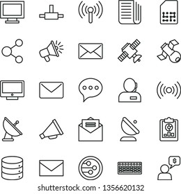 thin line vector icon set - monitor window vector, envelope, horn, received letter, speech, screen, big data, satellite antenna, SIM, connection, statistical overview, loudspeaker, dispatcher, mail