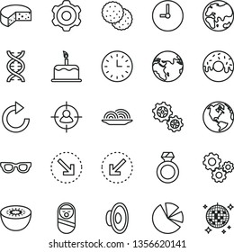 thin line vector icon set - clockwise vector, loudspeaker, roly poly doll, cogwheel, wall clock, left bottom arrow, cake, right, cheese, onion, glazed with a hole, biscuit, kiwi, planet, gears, dna