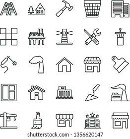 thin line vector icon set - house vector, wicker pot, crane, building trowel, window, small tools, wooden paint brush, ladder, buildings, tile, putty knife, hammer with claw, home, kiosk, factory