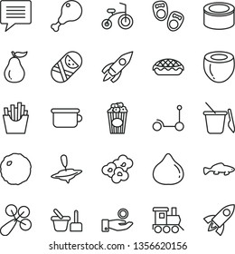 thin line vector icon set - image of thought vector, baby rattle, tumbler, toy sand set, children's, potty, train, small yule, child bicycle, Kick scooter, shoes for little children, canned goods