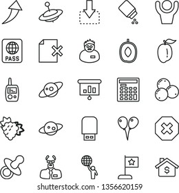 thin line vector icon set - mark of injury vector, dummy, baby powder, toy mobile phone, yule, colored air balloons, passport, delete page, move down, branch grape, blueberries, delicious plum, ripe