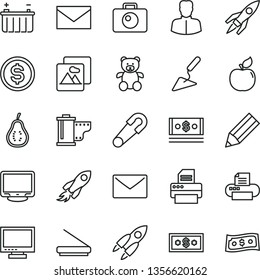 thin line vector icon set - monitor vector, envelope, camera roll, safety pin, teddy bear, building trowel, picture, apricot, part of guava, battery, woman, space rocket, pencil, dollar, cash