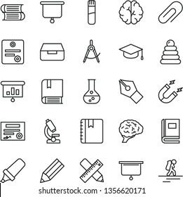 thin line vector icon set - clip vector, stacking rings, e, books, writing accessories, notebook, drawer, square academic hat, flask, magnet, scribed compasses, pencil, text highlighter, test tube