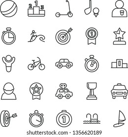 thin line vector icon set - bath ball vector, motor vehicle, present, child Kick scooter, timer, car, pedestal, racer, stopwatch, winner, gold cup, star reward, man with medal, target, purpose, bike