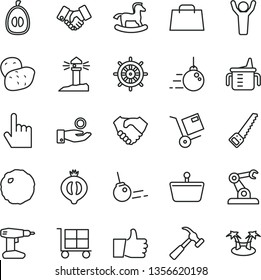 thin line vector icon set - cargo trolley vector, measuring cup for feeding, small rocking horse, big core, drill, arm saw, hammer with claw, index finger, thumb up, shipment, cabbage, loquat, bag