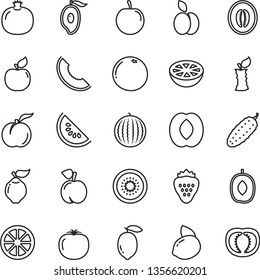 thin line vector icon set - cucumber vector, strawberry, apple, peach, ripe, pomegranate, quince, apricot, water melon, slice of, half mango, delicious plum, tasty, lemon, yellow, juicy, kiwi, stub