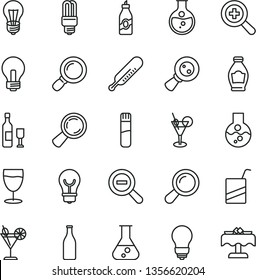 thin line vector icon set - incandescent lamp vector, zoom, out, mercury thermometer, e, bulb, cocktail, glass, bottle, liquor, round flask, light, magnifying, magnifier, test tube, wine, restaurant