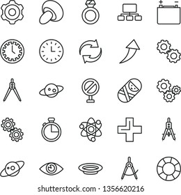 thin line vector icon set - prohibition vector, clock face, renewal, plus, tumbler, cogwheel, eye, timer, porcini, plate, accumulator, scribed compasses, Measuring, gears, scheme, wall watch, atom