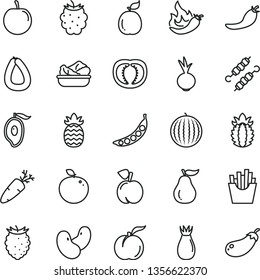 thin line vector icon set - stick of sausage vector, lettuce in a plate, meat on skewers, beet, carrot, French fries, peach, ripe, rose hip, blackberry, tasty raspberry, water melon, half mango, hot